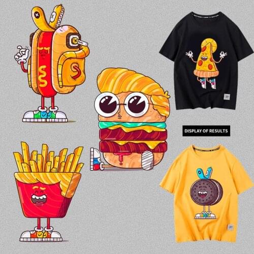 Iron-on transfers for clothing Funny Food Pizza Hot Dog Burger Cookies Vintage patches for clothing DIY clothes accessories