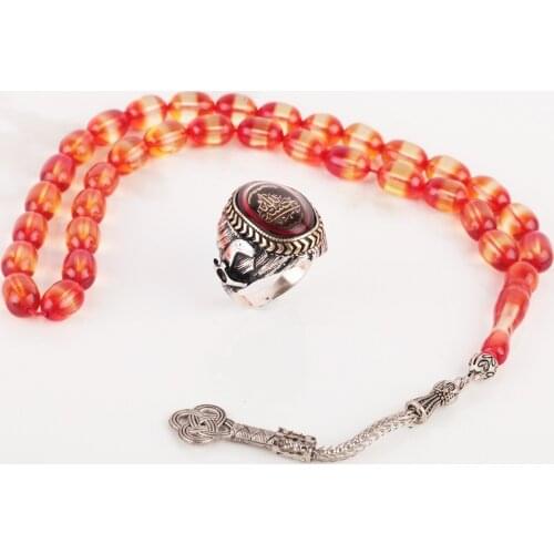 UM US JEWELRY Amber Gemstone Ottoman Ensign Motif 925 Sterling Silver Men Ring