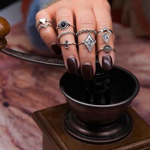 Idealway 9Pcs/Set Vintage Finger Ring Set Antique Plain Circle Knuckle Bohemian Midi Ring Summer Beach Party Jewelry