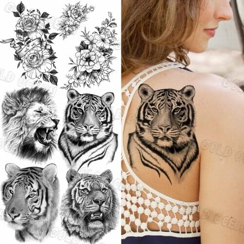 Waterproof Tiger Temporary Tattoos For Women Adults Realistic Lion Peony Thighs Arm Flower Fake Tattoo Sticker Back Tatoos Chest