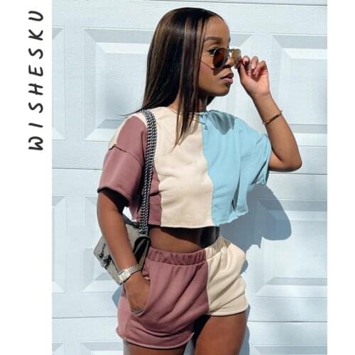 Women Patchwork Contrast Color T-Shirt Short Sleeve Sweatshirt Outfits Two Piece Set Elastic Waist Joggers Shorts 2021 Summer