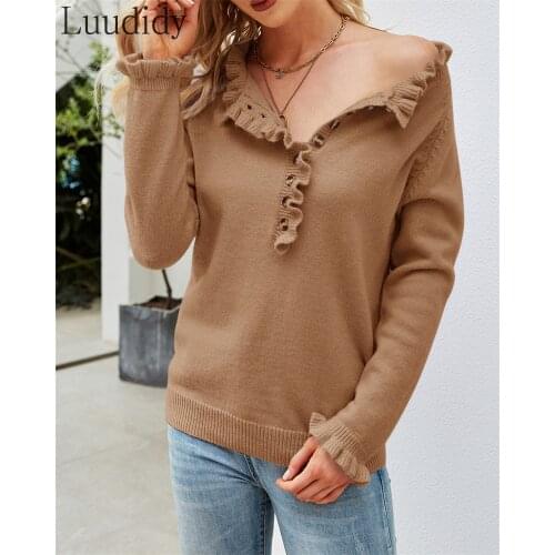 Women Solid Color Sweater Frill Single Breasted Long Sleeve Knitted Pullover