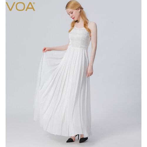 VOA Elegant Summer Solid Folds Backless A-line Dress Women O-neck Silk High Waist Dress Sleeveless Sexy Long Dresses Chic AE1066