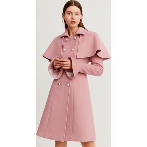 Autumn Winter New Womens Pink Mid-Length Cloak Woolen Coat Slim Lapel Double Breasted Pearl Button Office Lady Woolen Coat Y785