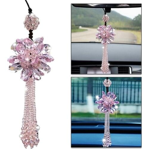 1pc Car Interior Accessories Pink Crystal Flower Car Hanging Ornament Auto Rear View Mirror Car Pendant For Bmw Golf Passat