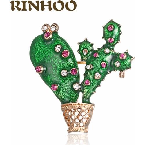RINHOO Rhinestone Green Cactus Brooches For Women Gold-color Hollow Potted Plants Enamel Plant Brooches Lapel Pins Dress Bijoux
