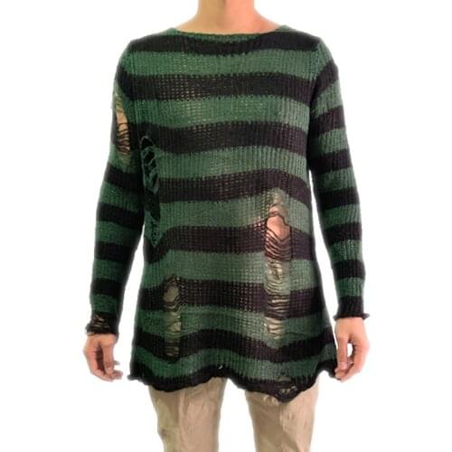 Long Sweater Man Stretch Thin Pullover Broken Sweaters Knittop Jumpers 2020 Punk Gothic Cool Male Striped Hollow Out Slit Spring