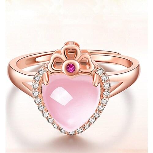 FYSL Rose Gold Color Love Heart Natural Rose Pink Quartz Resizable Finger Ring for Valentines Day Jewelry