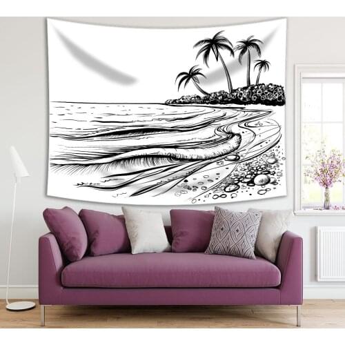 Tapestry Sea Shore with Waves and Palm Trees Seaside View Illustration Black and White Sketch Style Artwork Printed