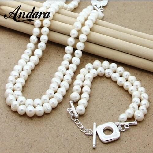 8-9mm Natural Freshwater Pearl Necklace Bracelet Jewelry Set, Womens Silver High Jewelry