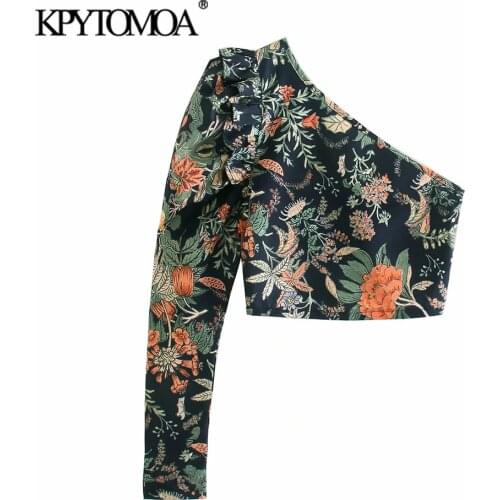 KPYTOMOA Women 2021 Fashion Floral Print Ruffled Asymmetric Crop Blouses Vintage Long Sleeve Side Zipper Female Shirts Chic Tops