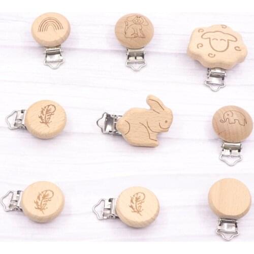 5pcs 30mm Laser Patern Metal Steel Round Beech Wood Clips Baby Teethers Toys Pacifier Chain Holder Making