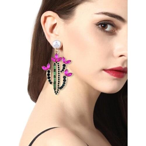Fashion Women Colorful Rhinestone Cactus Faux Pearl Charm Statement Stud Earrings Jewelry