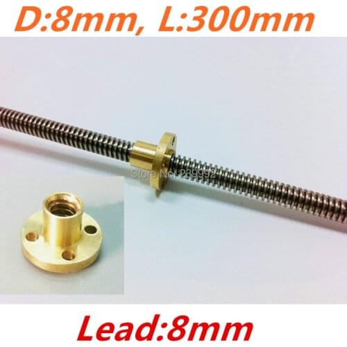 New 2 sets/ lot 3D Printer Z Axis T8 Lead Screw Diameter: 8mm ,pitch 2mm,lead of thread 8mm, Length 300mm with flange Copper Nut