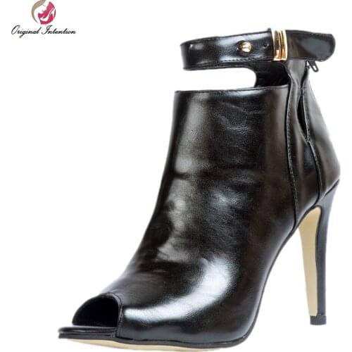 Original Intention Sexy Women Ankle Boots Fashoin Peep Toe Thin Heels Boots Stylish Summer Black Shoes Woman Plus US Size 4-15