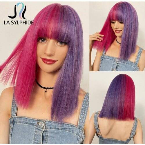 La Sylphide Halloween Cosplay Wig Long Straight Pink Purele Synthetic Hair Wigs with Bangs for Woman Heat Resistant Wig