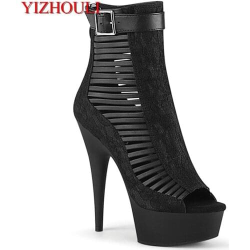 15 centimeters sexy hollow out vamp collocation heel stage model boots, summer cool boots model catwalk ankle boots