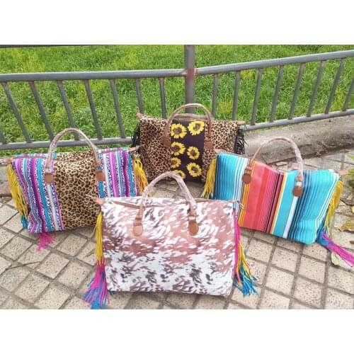 Rainbow Colorful Tassel Women Weekender Bag Deer Fur Fleece Travel Bag Sunflower Leopard Patchwork Fringe Printed Handbag