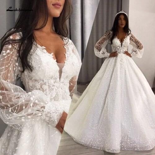 Luxury Dubai Lace Wedding Gowns Puffy Long Sleeves 2021 Robe Femme Princess Bridal Turkey Wedding Dress Corset Lace Up Back