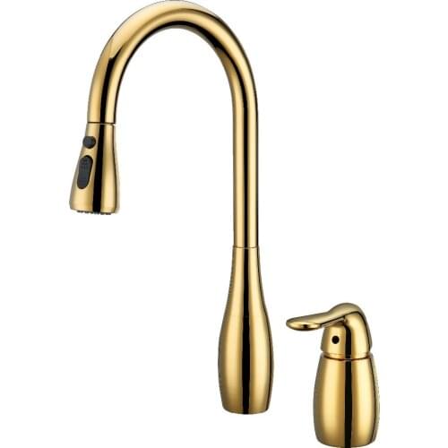 Free ship pull out Spray widespread 2 Holes Kitchen Sink Faucet Gold Pvd Finish mixer tap deck mounted