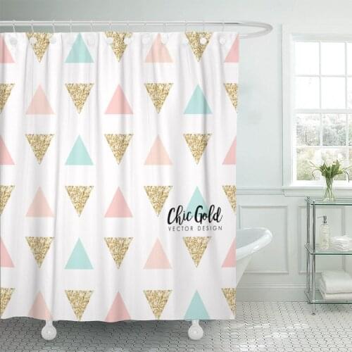 Pink Pattern Modern Chic Gold Blue Pastel Geometric Christmas Shower Curtain Waterproof Polyester Fabric 60 x 72 Inches Set