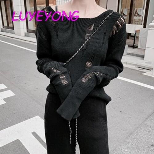 Dark Goth Punk Knitted Top Lady Split Hole Broken Long Sleeve Pull Sweater Solid Black Gothic Women Hollow Out Knit Sweater