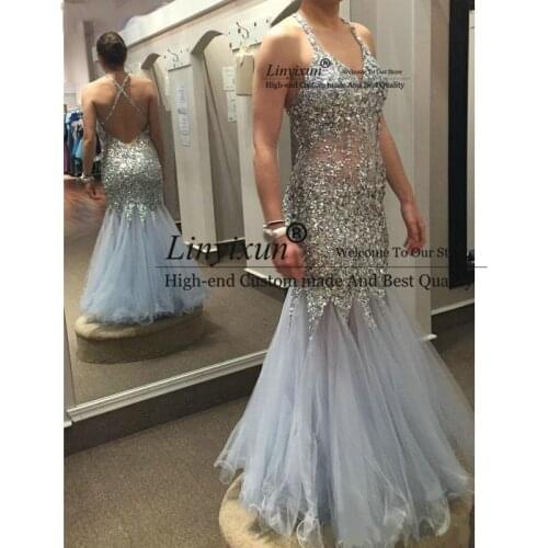 New Plus Size Prom Dresses See through Sexy Luxury Beaded Crystal Long V-Neck Backless Mermaid Party Formal Evening Gowns