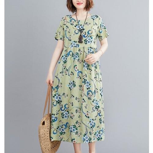 2021 New Arrival Print Floral Prairie Chic Vintage Dress Short Sleeve Linen Cotton Loose Summer Dress Women Holiday Casual Dress
