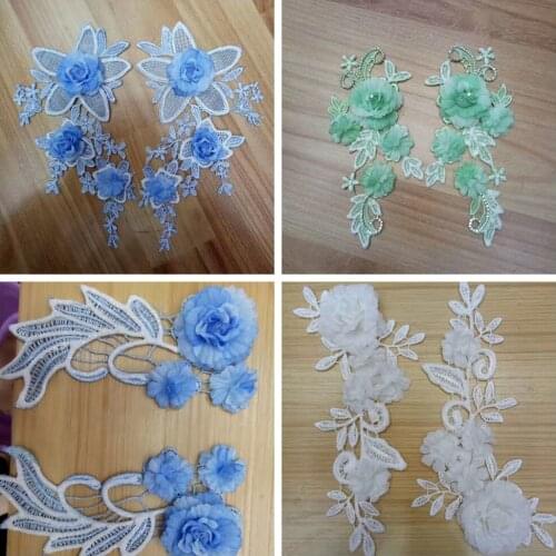 2pairs/lot Handmade 3D flowers embroidered Lace Trim appliques Patches For Craft Garment Decoration 11*22cm