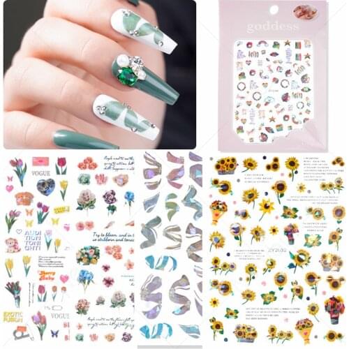 2021 Spring Plant Nail Stickers 3D Gilding Decals Flowers Leaf Holographic Manicure Sliders for Nail Art Decorations