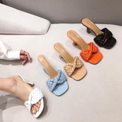 2021 Women Pumps Fashion Brand Weave Ladies Sandal Slippers Thin High Heels Female Outdoor Dress Pumps Shoes Slides Woman Shoes