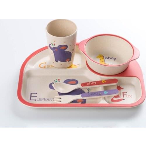 5Pcs/Set Bamboo Cutlery Kids Spoon Fork Set Child Cartoon Tableware Ecofriendly Products Dinner Set For Boy Girl Gift