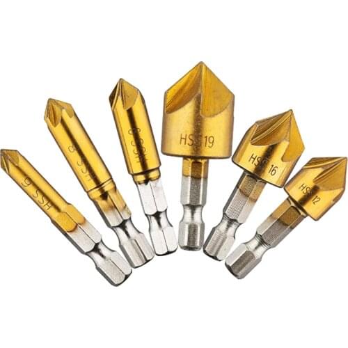 6pcs 5 Flute Bevel Drills Countersink Drill Bit Titanium Coated HSS1/4 "Hex Shank Angle Point Wood PVC Cutter Edge Chamfer Rea