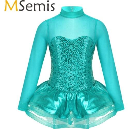 New Sequins Long Sleeve Ballet Tutu Dress Kids Girls Ballerina Dress Skirted Leotard Children Gymnastics Dance Costumes