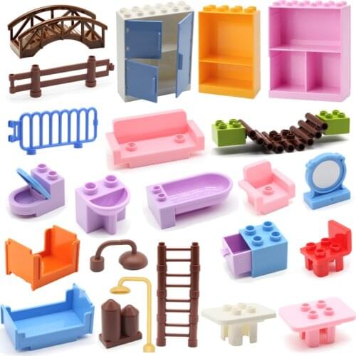 Big Building Blocks Duploe Parts Table Bed Sofa Chair Fence Ladder Bridge Bathtub Accessories Bricks DIY Toys For Children Gifts