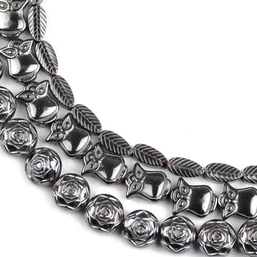 HGKLBB Carving Black Hematite Natural Stone Roses Owls leaves Loose Spacer beads For Jewelry making bracelet DIY Accessories