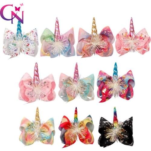 CN 7" Kids Hair Clips Shiny Rainbow Unicorn Print Hair Bows Horn Large Hairpins For Hair Hairgrips Hair Accessories
