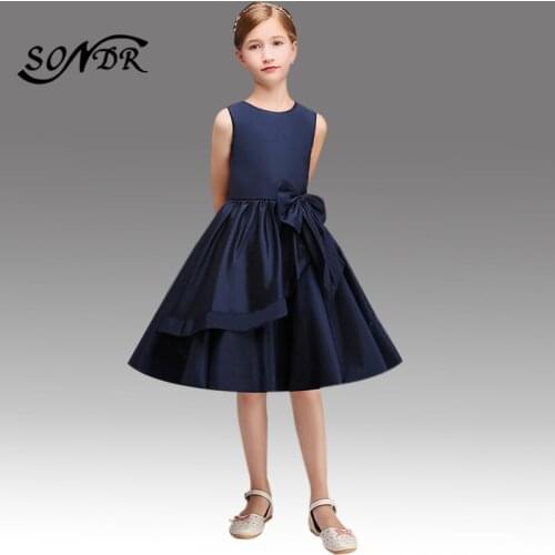 Big Bow Flower Girl Dresses HT121 Little Girls Pageant Dress Sleeveless Navy Blue O-neck Knee Length Prom Ball Gowns For Kids