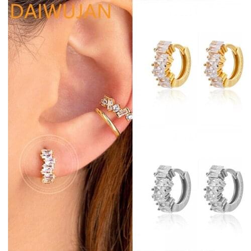 DAIWUJAN Elegant Irregular Cuboidal Zircon Hoop Earrings for Women 925 Sterling Silver Crystals Cartilage Earrings Jewelry Gift