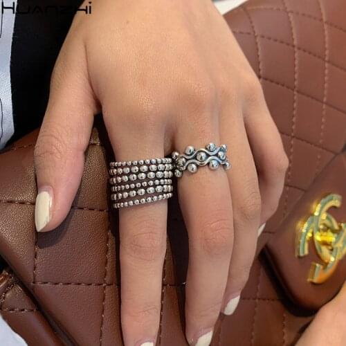 HUANZHI 2020 New Vintage Tibetan Silver Color Multilayer Round Bead Curve Wave Punk Metal Rings for Women Girls Jewelry