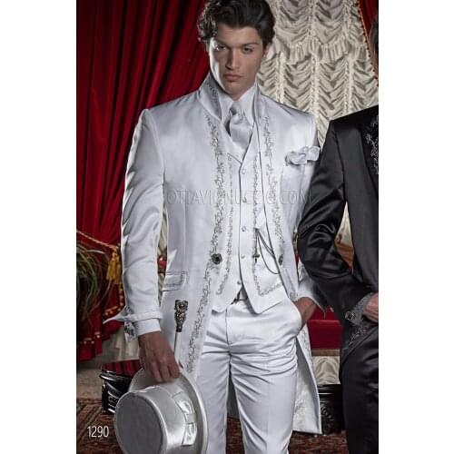 2017 New Arrival Designs Italian White Embroidery Satin Blazer Prom Men Suit Slim Fit 3 Piece Custom Suits Groom Tuxedo Vestidos