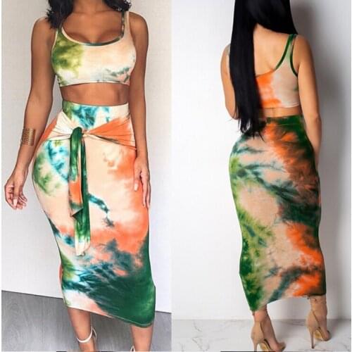 Fashion Women Clothes Suit Ladies Summer Sleeveless Crop Top Bandaged Skirt Streetwear Clubwear 2Pcs Set Hot Sale