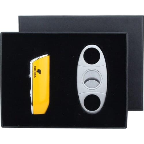 COHIBA Cigar Accessories Set Metal Cigar Cutter Lighter Set Sharp Cutter 3 Jet Flame Lighters with Gift Box