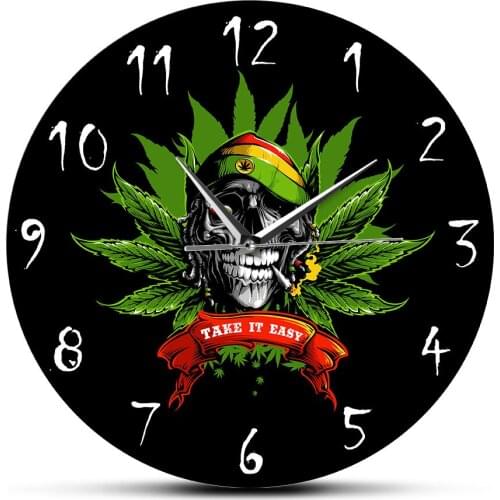 Rastaman Skull TAKE IT EASY Printed Wall Clock Indian Hemp Skull in Rastaman Hat Watch Scary Halloween Horror Decor