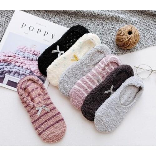 Fuzzy Cute Coral Fleece Socks Stripe with Bow Home Sleeping Warm Soft Anti-Skid Plush Slipper Socks Fluffy Microfiber Thick Gift