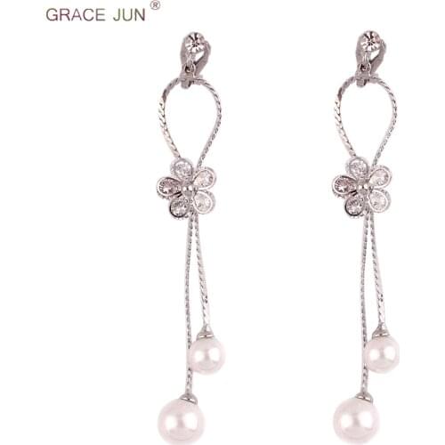 GRACE JUN New AAA Cubic Zircon Double Tassel Clip on Earrings and Drop Pierced for Women Party Pagement Charm Earrings Xmas Gift