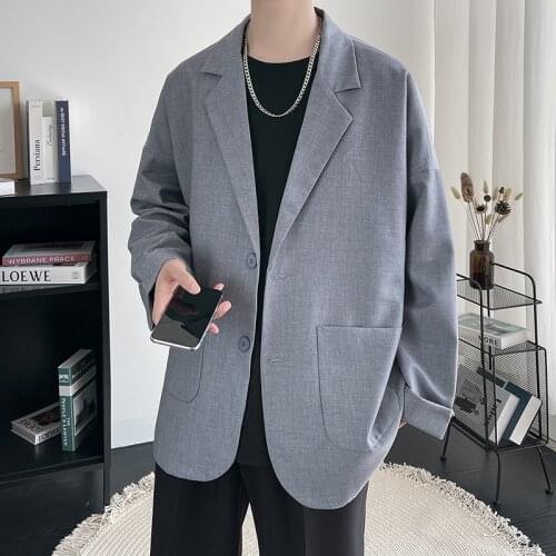 Autumn Winter Solid Color Blazer Men Korean Style Loose V-neck Suit Jacket Top Quality Long Sleeve Business Casual Blazers