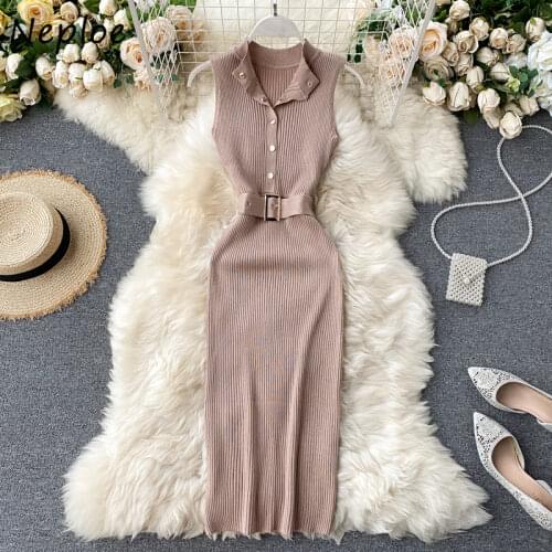Dress Knitted Sexy Club Sheath Bodycon Dresses Women Solid Sashes Stretch Button Vestidos 2020 Summer Robes 17282