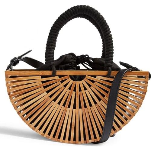 Wicker woven Womens shoulder bag outdoor half round beach bamboo wood bag hollowed out hand bag Creative antique style