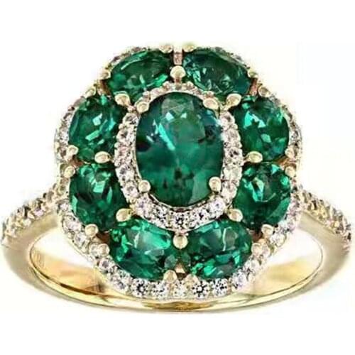 Luxury Gold Plated Color Green Flower Floral Shaped Oval Crystal Rhinestone Ring for Women Wedding Engagement Fashion Jewelry